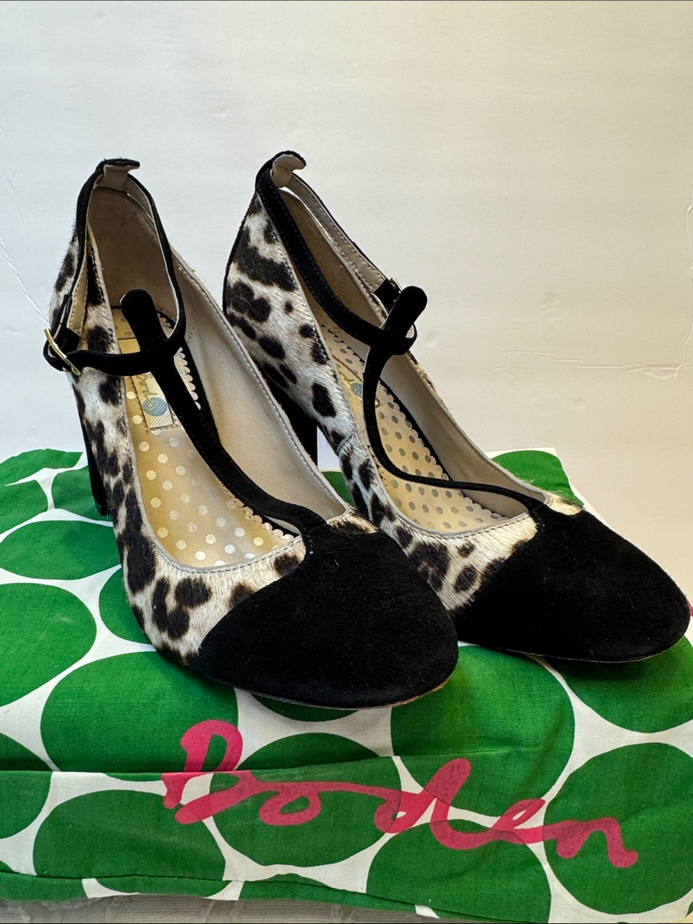Boden Black and Leopard T-Strap block Heels